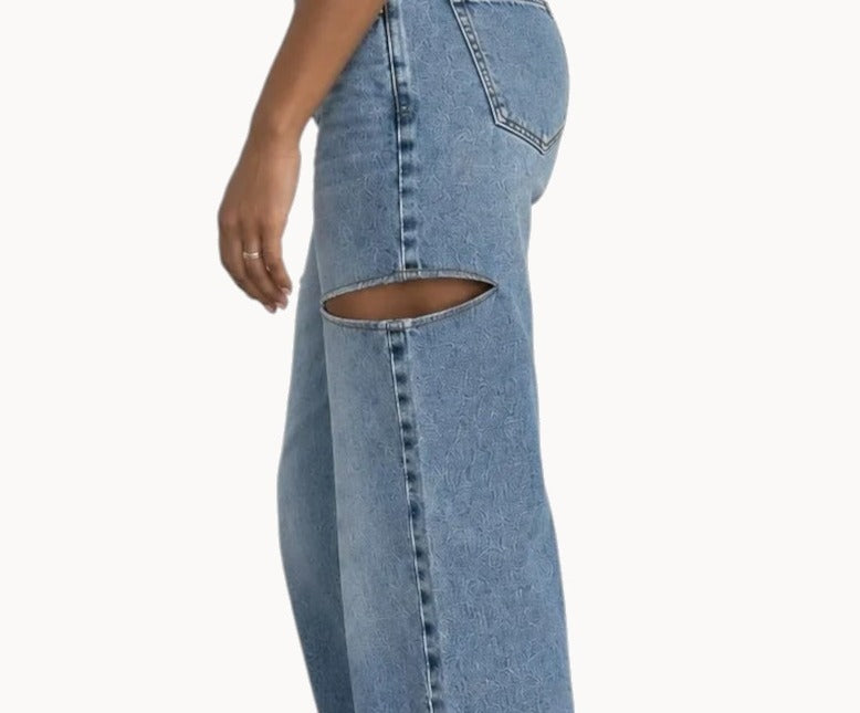 The Marlowe Side-Cut Jean — side-cut detail, worn