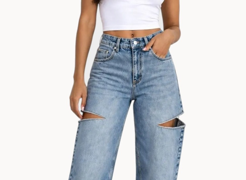 The Marlowe Side-Cut Jean — waist and side cut, worn
