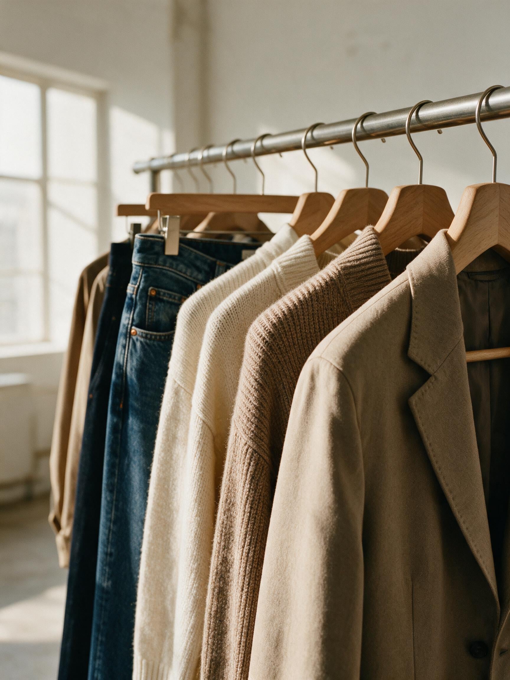 A curated rail of premium garments in a sunlit studio